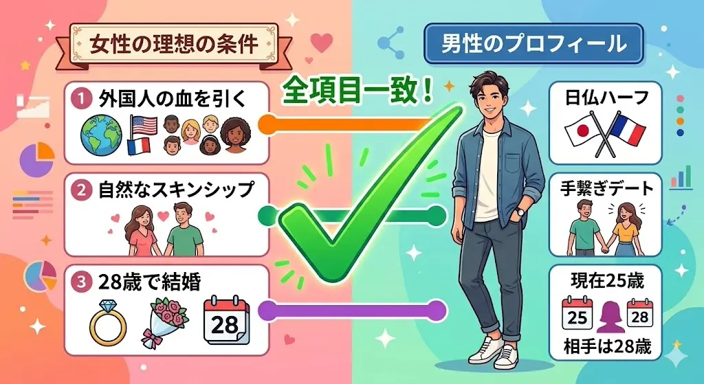 王林が公言していた理想の男性像と佐藤ショーン玲央の条件が一致していることを示す図解