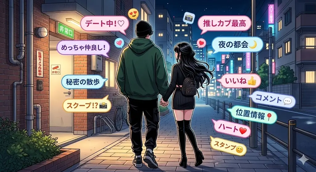 週刊誌にスクープされた王林と佐藤ショーン玲央の手繋ぎデートと半同棲報道のイメージイラスト