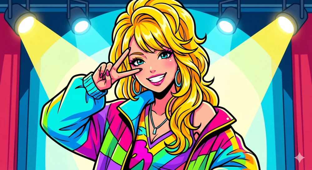 ぱーてぃーちゃん信子の基本プロフィールを紹介するイラスト。ギャル風の派手なスタイルと明るいキャラクターを表現。