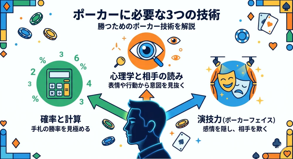 田中圭のポーカーの強さの秘密である「確率計算」「心理戦」「演技力」を解説した分かりやすい図解イラスト