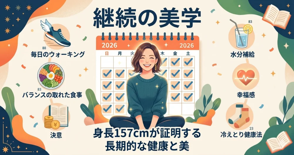 毎日の地道な習慣の積み重ねが美しいスタイルを作る「継続の美学」を表現したまとめイラスト。