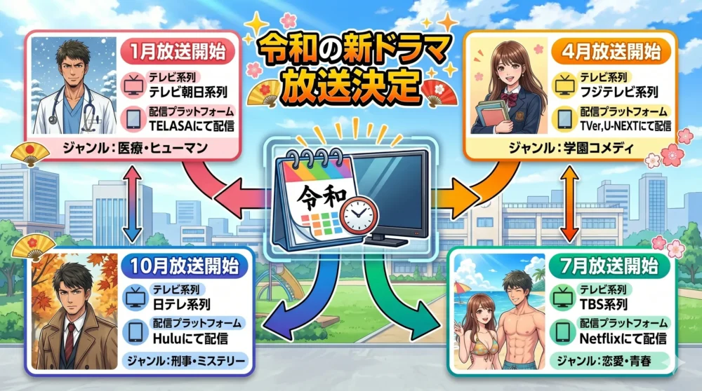 令和の新学園ドラマの放送・配信スケジュール情報をまとめた図解イラスト。