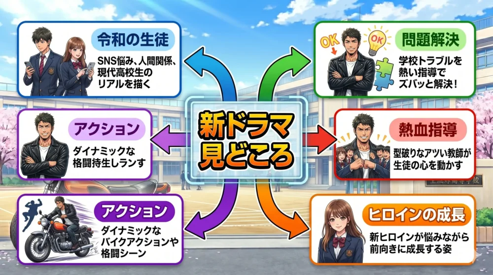 令和の学園ドラマの作品概要と見どころを解説した図解イラスト。