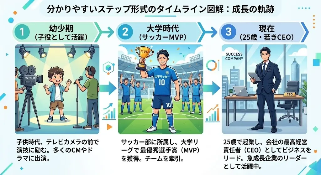 子役からサッカーMVP、25歳で会社経営者CEOとなった佐藤ショーン玲央の経歴図解