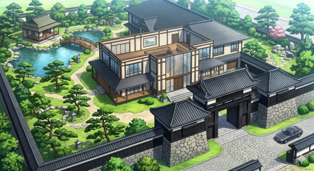 大阪府堺市にかつて存在した33億円の豪邸「信貴御殿」のイメージイラスト。武家屋敷と洋館が混ざった豪華な外観。