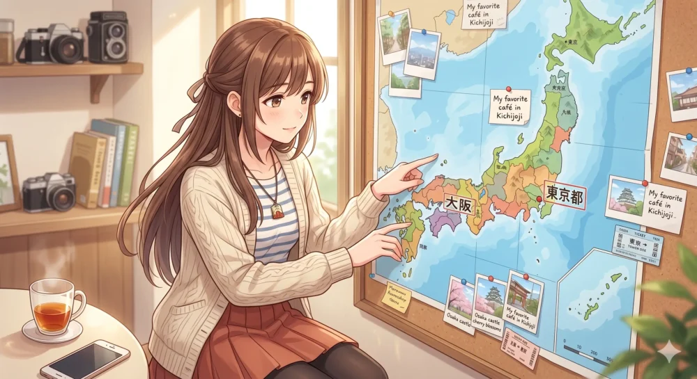 出身地である東京と育ちの地である大阪の日本地図を見つめる、霜月るなのプロフィールをイメージした女性のイラスト
