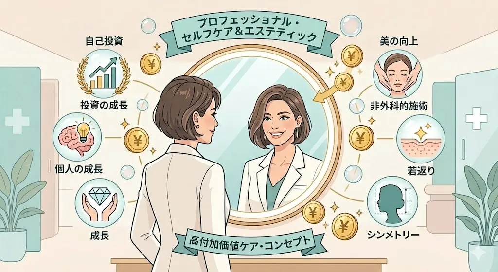 美への投資や自分磨きのための整形・豊胸・スタイル維持の噂をイメージした美容クリニックと自己投資のイラスト