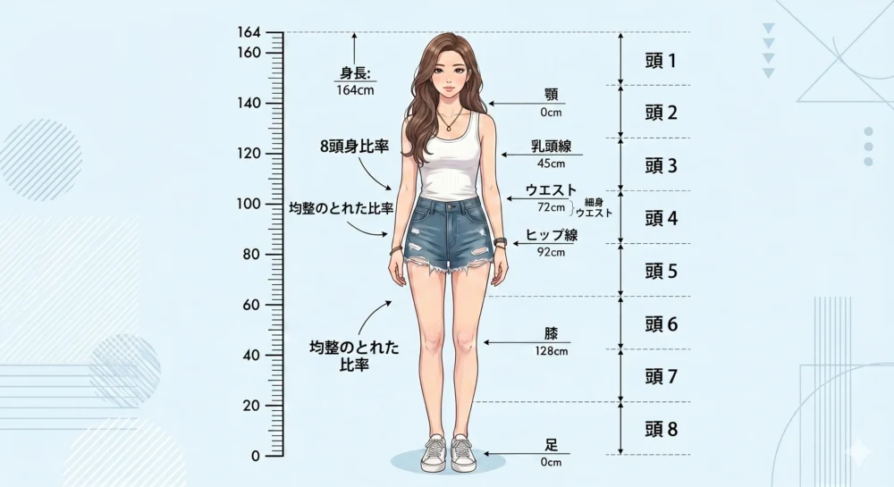 身長164cmで抜群のプロポーションとメリハリのあるスタイルを持つ女性の、スタイルと均整をイメージした図解イラスト