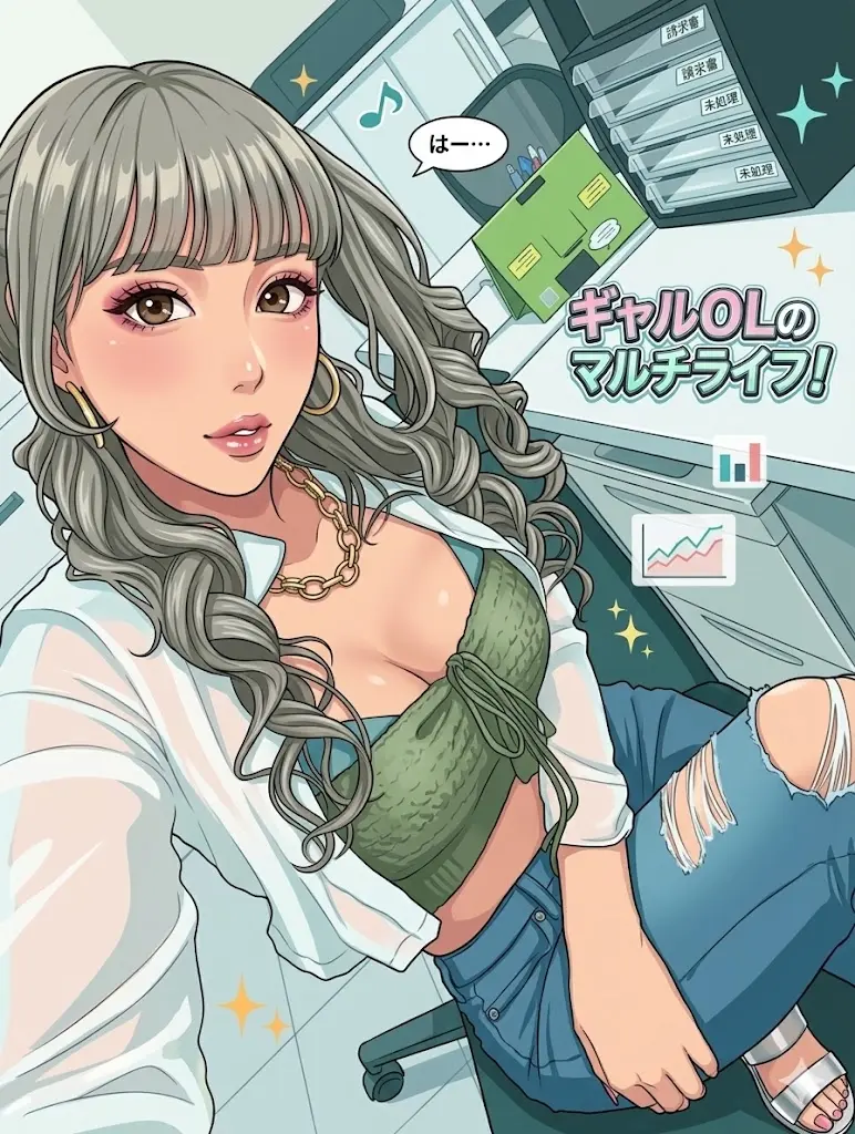 オフィスデスクでポーズをとるギャル風の霜月るなをイメージしたイラストプロフィール画像。グラマラスな体型とロングのウェーブヘアが特徴。
