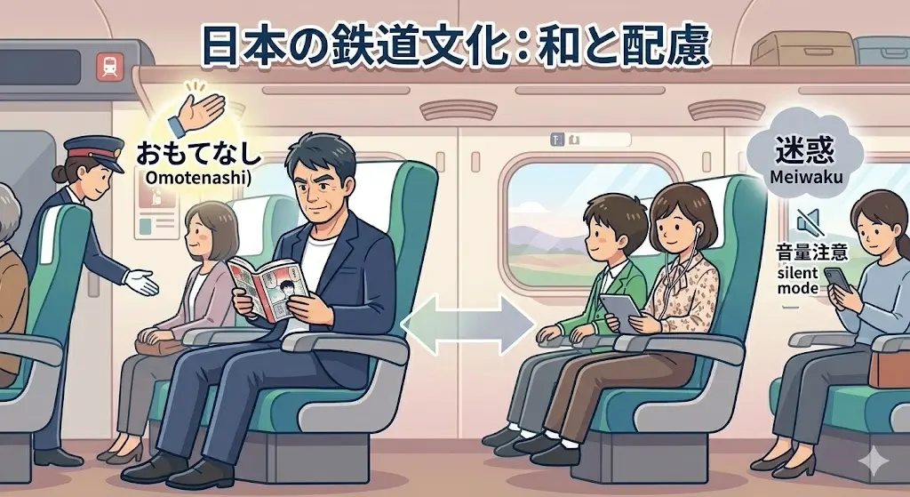 新幹線で後ろの乗客に笑顔で声をかけてから座席を少しだけ倒す、マナーの良い男性のイラスト