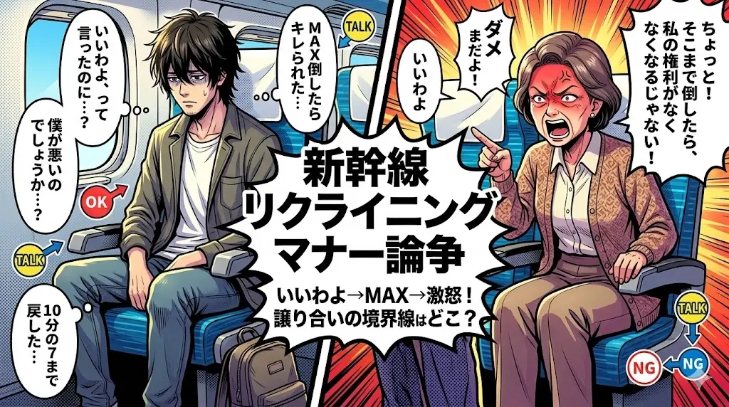 新幹線の座席リクライニングをめぐるマナートラブルとSNS論争を表現したブログ記事のアイキャッチイラスト（文字入り）