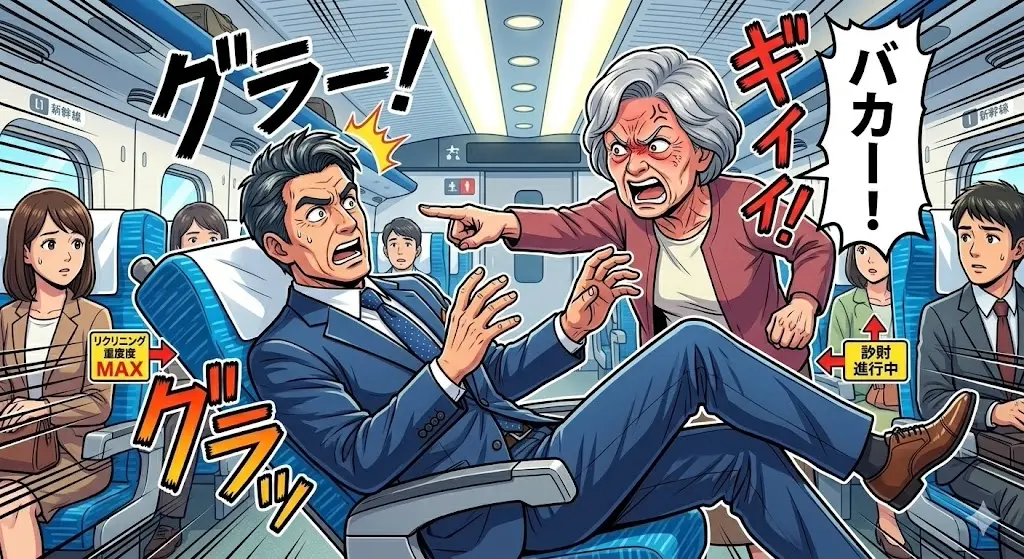 新幹線の車内で座席をMAXまで後ろに倒し、後ろの女性から怒られている男性のイラスト