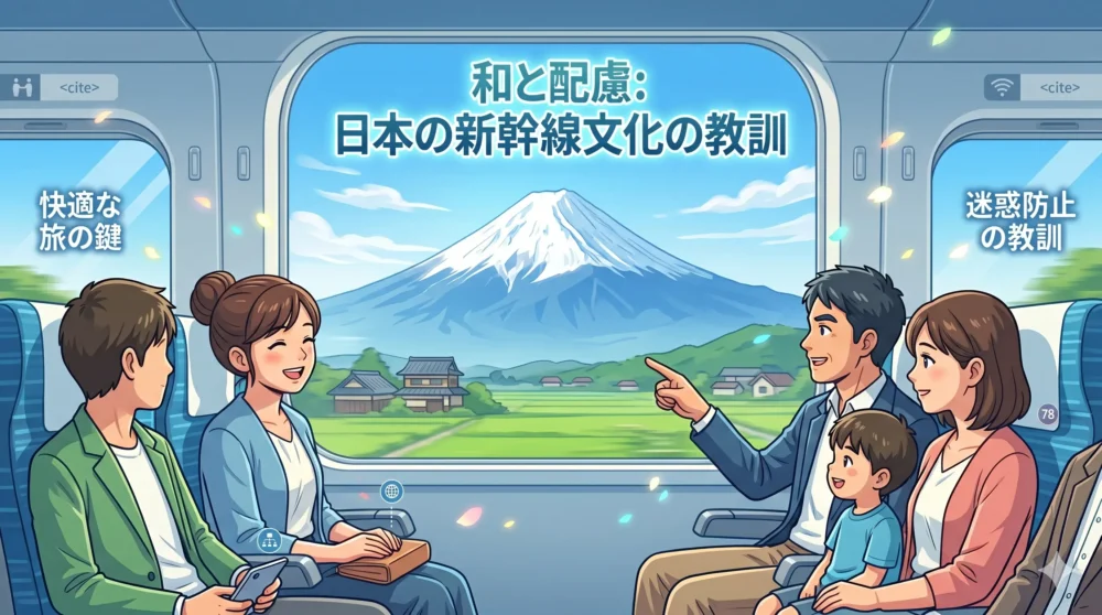 譲り合いのマナーを守り、新幹線で快適に目的地へ向かう乗客たちの爽やかなイラスト