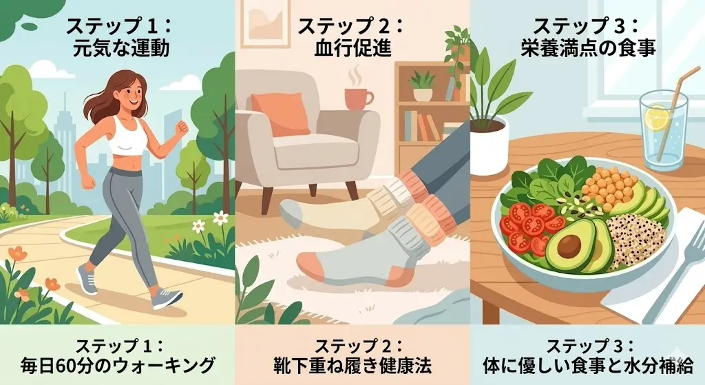 ウォーキング、冷えとり健康法、体にやさしい食事という美脚とスタイルを維持する3つの秘訣を描いたイラスト。