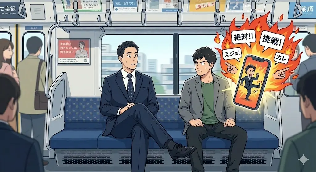 電車内で足を組んで座る男性と、その隣で不快そうな表情を浮かべる男性のイラスト（スリムクラブ真栄田さんの電車内トラブルの時系列解説用）