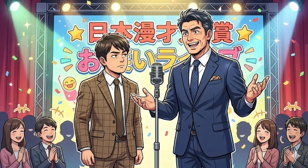 笑顔で漫才をする背の高い男性芸人と相方のイラスト。プロフィール解説用イメージ。