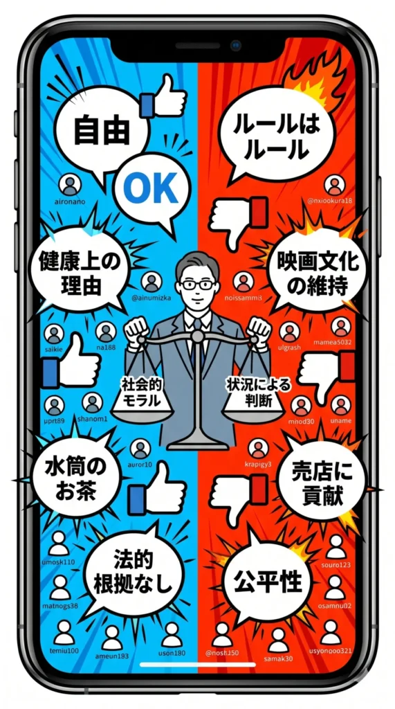 SNSで繰り広げられる映画館への持ち込み「OK派」と「禁止派」の意見対立を表現したイラスト。