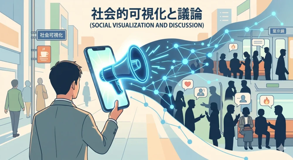個人のSNS発信が拡散され、多くの人による社会的な議論へと可視化されていく様子を描いたイメージイラスト