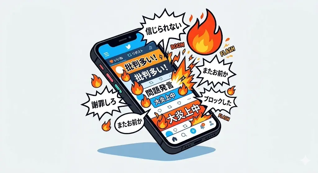 スマートフォンから吹き出しや炎のアイコンが飛び出す、SNSの二次炎上をイメージしたポップなイラスト