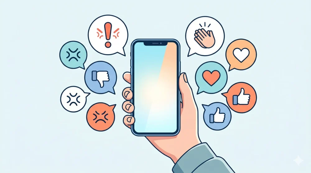 スマートフォンを握る手から、インターネット上のコメントを象徴する多数のカラフルな吹き出しが飛び出す、SNSの議論を表現した概念的なイラスト。吹き出しには批判と共感のシンボルがバランスよく配置されている。