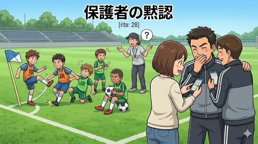 子どものマナー違反を黙認しスマートフォンに夢中になるスポーツ少年の保護者たちのイラスト