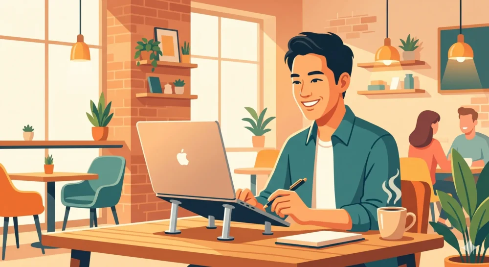 カフェでノートPCスタンドを使い、良い姿勢で笑顔で仕事をするビジネスパーソンのイラスト