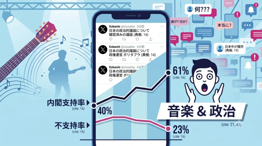 スマートフォンに表示された内閣支持率のグラフとSNSのタイムラインを見る人のイラスト。高市内閣の支持率に関するX（旧Twitter）での発言と議論の背景。