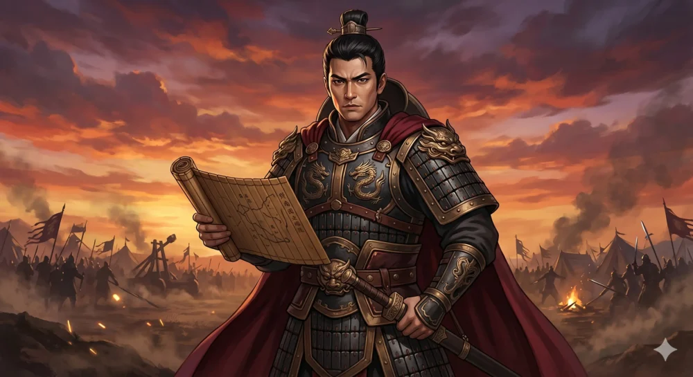 映画「キングダム」の武将役を彷彿とさせる、古代中国の精巧な甲冑を身に纏い戦場を見据える田中圭風の男性のイラスト