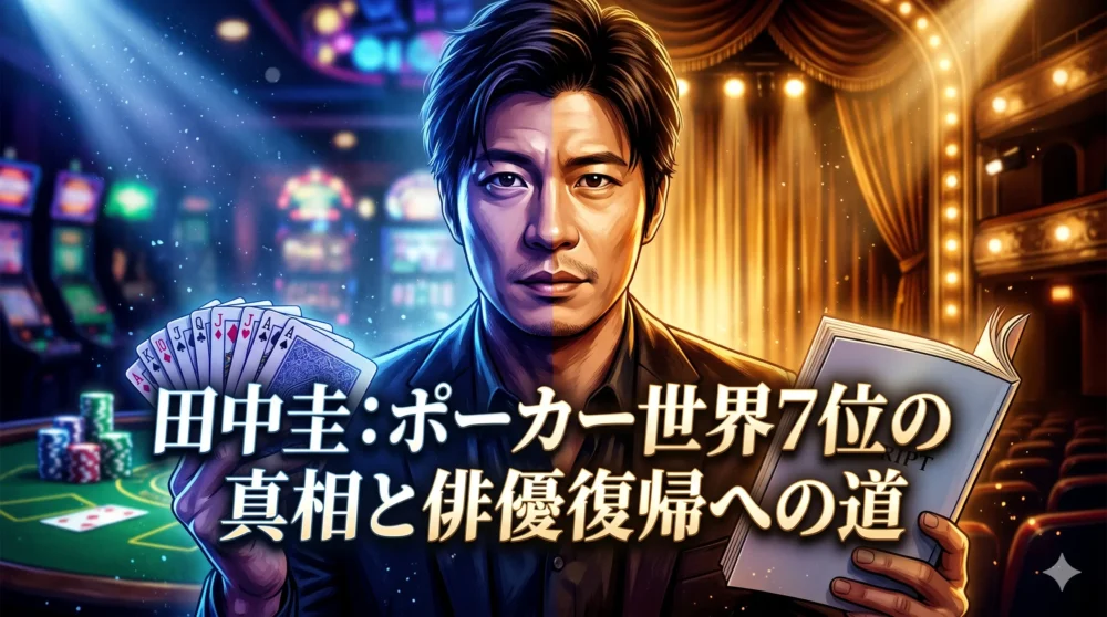田中圭のポーカー世界7位の真相と、映画や舞台での俳優復帰への道を解説するアイキャッチ画像