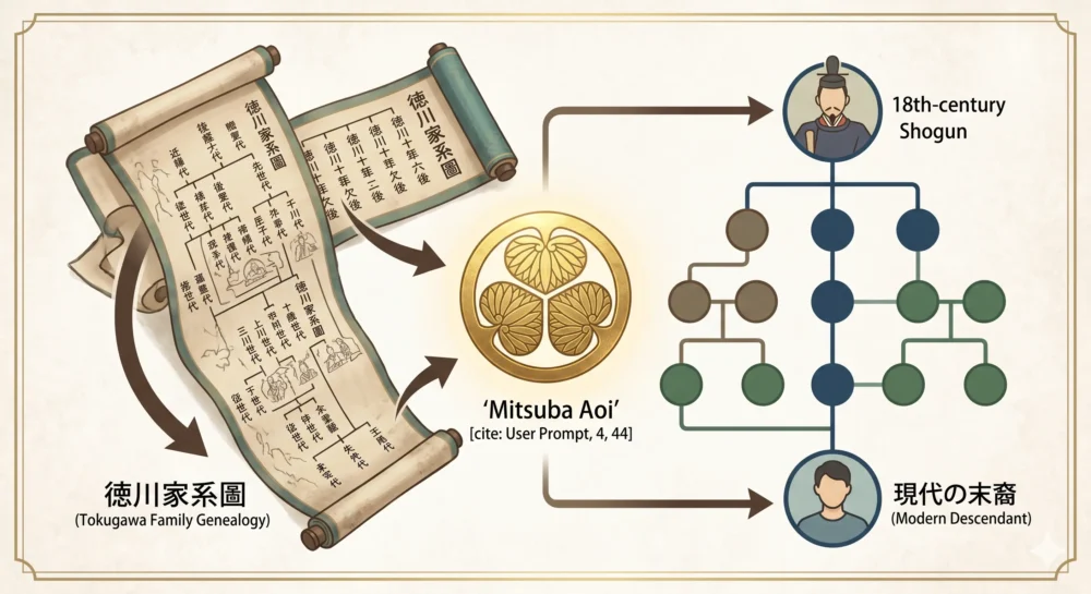 徳川吉宗から続く家系図と三つ葉葵の紋。信子の徳川家末裔説を検証する図解。