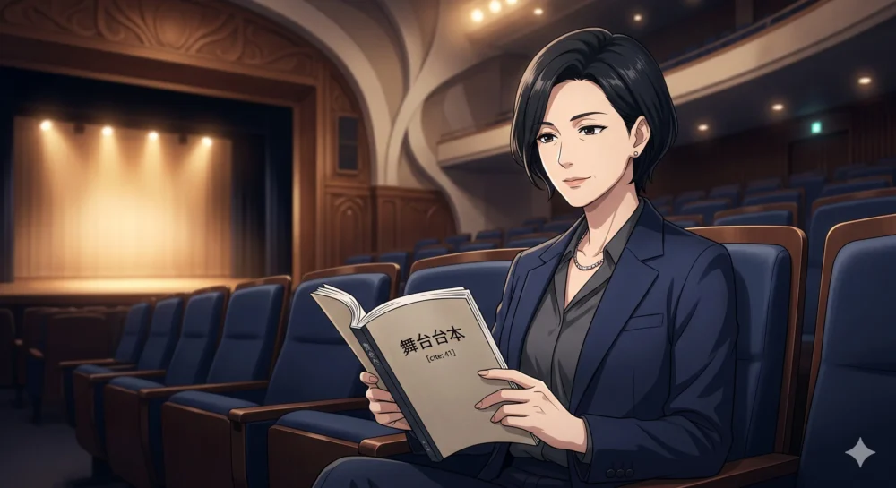 2026年現在も舞台やドラマで活躍する富田靖子の女優としての姿を描いたイラスト。