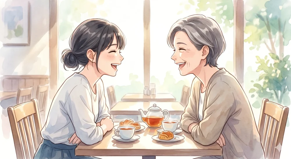 成長した娘との穏やかな日常をイメージした、母娘が寄り添う温かいイラスト。