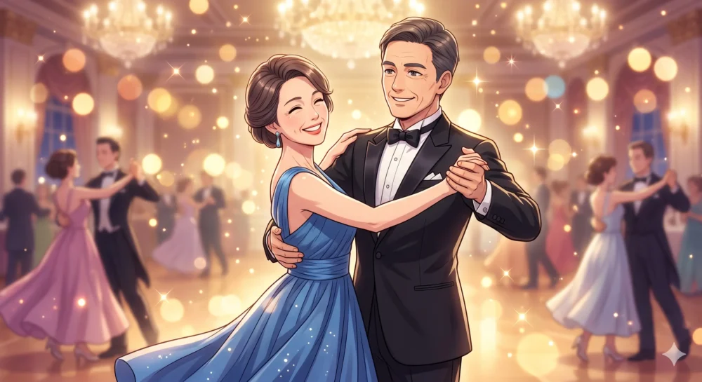 夫・岡本裕治との馴れ初めである社交ダンスのシーンをイメージした華やかなイラスト。