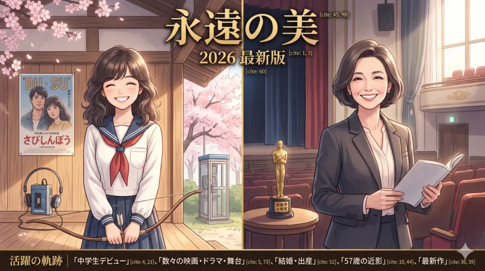 デビュー当時から2026年現在まで「全然変わらない」と言われる富田靖子の美しさを対比したイメージ。