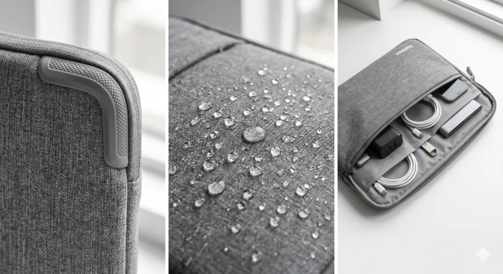 tomtocケースの特許技術CornerArmor、撥水素材、フロントポケットの収納力を示す3面分割画像。