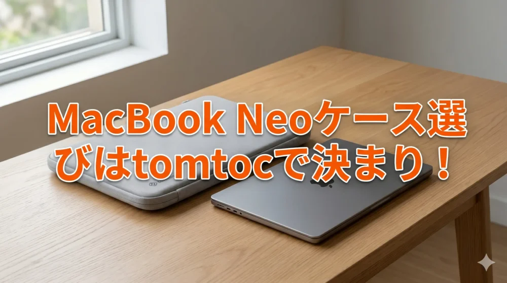 MacBook Neoとtomtocケースが並ぶ、最高級の保護性能を伝えるアイキャッチ画像。