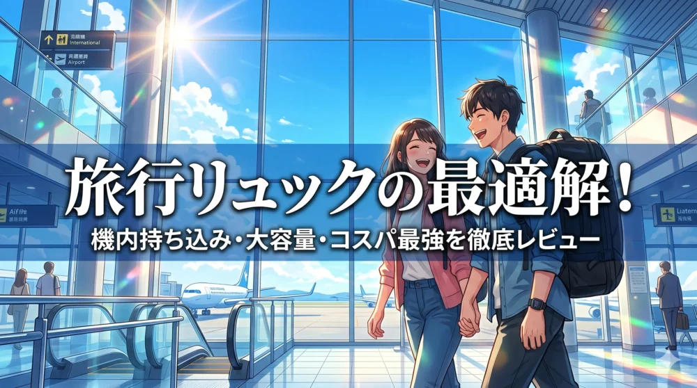 「旅行リュックの最適解!tomtoc T66 40L 徹底レビュー」という文字が入った、空港で身軽に歩く男女の爽やかなアニメ風アイキャッチ画像