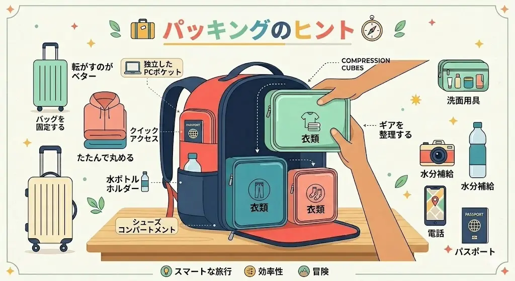 パッキングキューブ(衣類圧縮袋)を使い、リュックの中身を効率的に収納するコツを描いたフラットイラスト