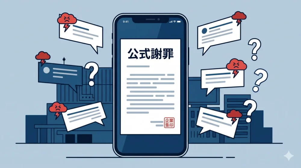 テレビ局の公式謝罪文がスマートフォンの画面に表示され、ユーザーがそれを深刻な表情で見つめている図解イラスト