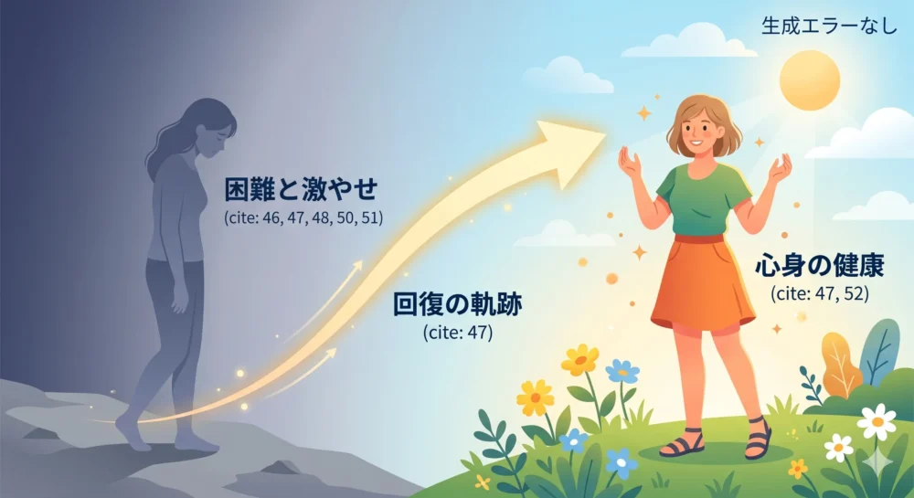 過去の困難による激やせから健康的な美ボディへと心身ともに見事に回復を遂げた軌跡を表す概念イラスト。