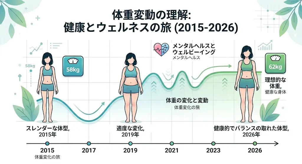 女性の体型変化とメンタルの関係性を表現した、時系列の折れ線グラフと体重計の分かりやすい図解。