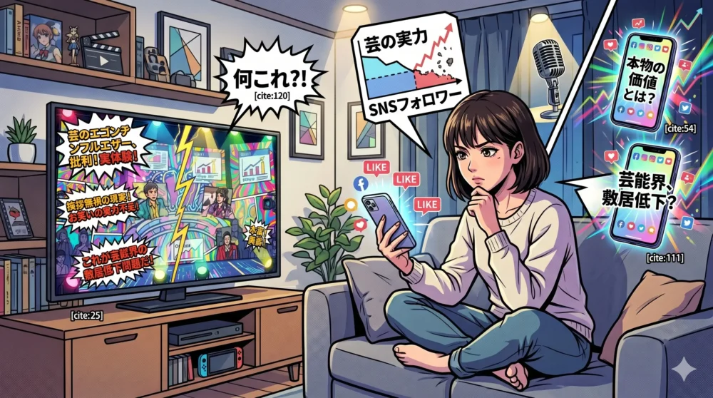視聴者がテレビ起用の矛盾に気づき、本当に面白いコンテンツ（本物）を求めている背景を表現したリビングのイラスト
