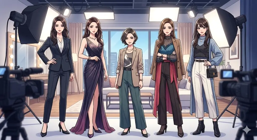 背の高い4人の女性モデルの中に、160cmの女性が1人並んでいるドラマのワンシーン風イラスト。