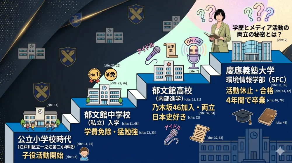 小学校から中学・高校、そして慶應義塾大学へと進む学歴のステップアップを表した分かりやすい図解イラスト