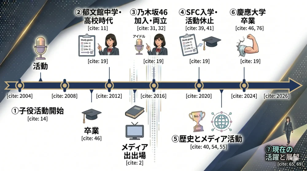 子役時代から乃木坂46、慶應大学卒業、現在の活躍までを時系列でまとめた経歴年表の図解