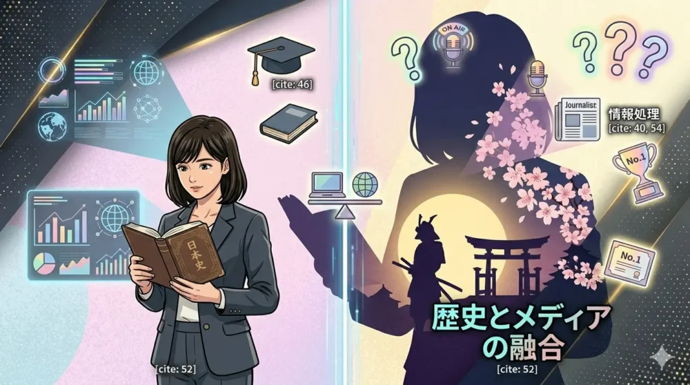 歴史本を手に持ち、日本史の知識をメディアで発揮する「歴女」のイメージイラスト
