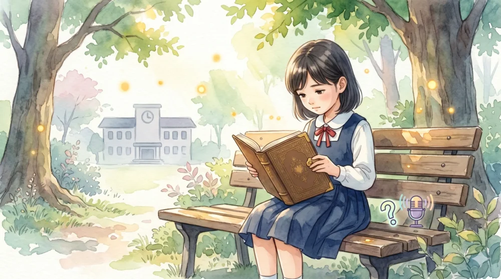 小学校時代に学校に馴染めず、ひとりで本を読んで過ごしていた少女のイメージイラスト