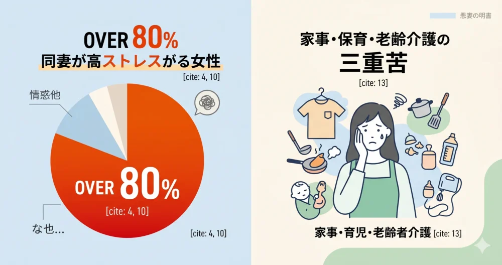 義母との同居で強いストレスを感じている女性の割合(8割以上)と、長男の嫁の負担、死後離婚の急増を表現したインフォグラフィック風のイラスト