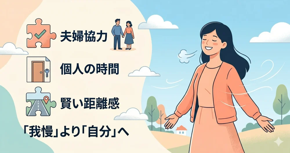 嫁姑問題の解決策として、我慢をやめて自分らしい適切な距離感を見つけ、笑顔を取り戻した女性の明るいイラスト