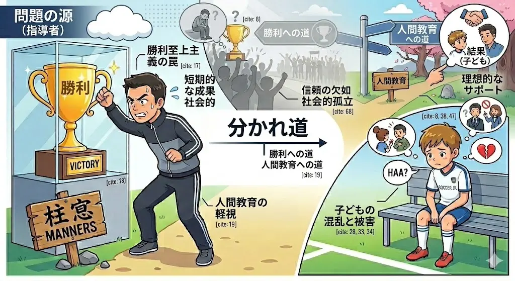 少年スポーツの指導者が勝利至上主義に囚われマナーを軽視してしまう構造的問題を表す図解イラスト